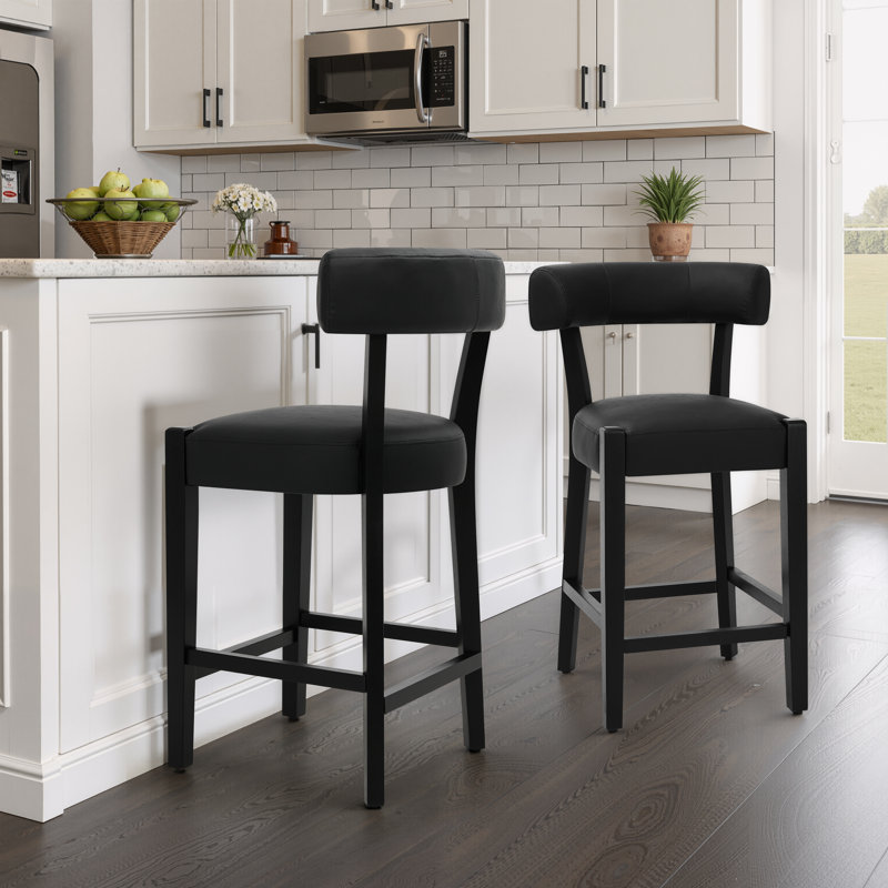 Tabouret de bar 26 po Mid-Century, Similicuir noir / cadre noir, 2