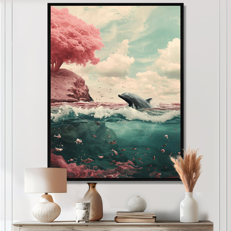 Dauphin dans l'océan par le cerisier en fleurs, Toile avec cadre noir, H 20 po x l 12 po x P 1 po