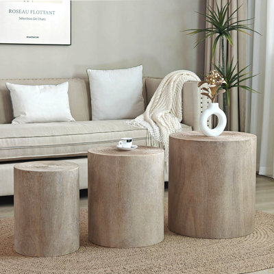 Ensemble de 3 tables basses rondes en bois, tables de bout, supports à plantes et pièces décoratives
