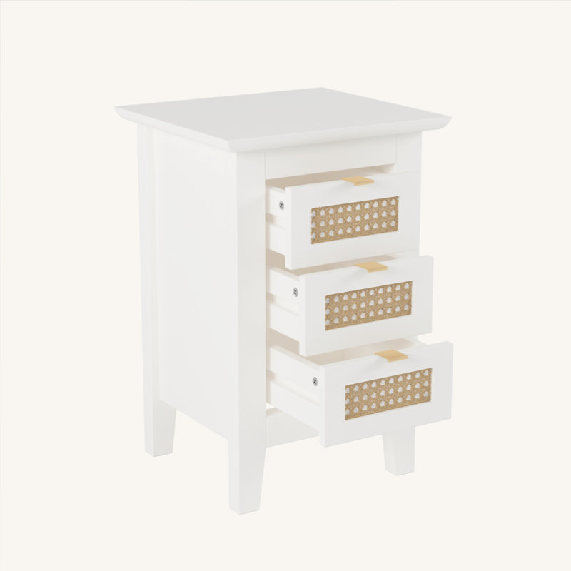 Ensemble de lit plateforme en bois 3 pièces avec tête de lit en rotin naturel, Grand, Blanc