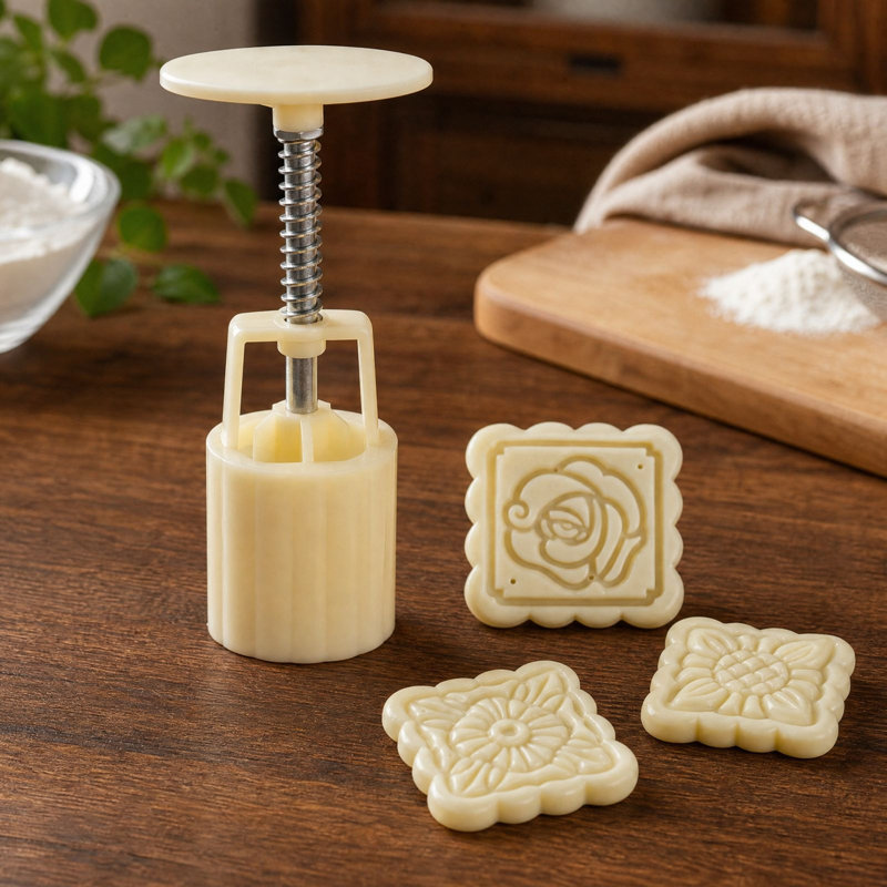 4 Patterned Cookie Stamp Discs – Sunflower, Rose, Square & Mooncake Mold Press for Baking (White)