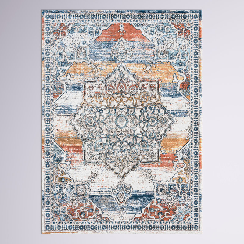 Tapis bleu / blanc / orange à motif abstrait Weingartner, Rectangle 3 pi 3 po x 5 pi 3 po
