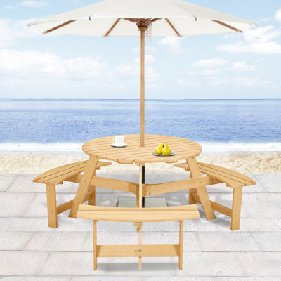 Table de pique-nique ronde pour 6 personnes avec bancs intégrés - Design rustique, météo, trou de parasol, utilisation dans le jardin pour 3 personnes - ajoute de la beauté à un patio