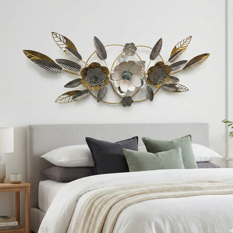 Grande décoration murale en métal doré avec motif floral et feuille, sculpture botanique 3D élégante 18 x 50 pouces
