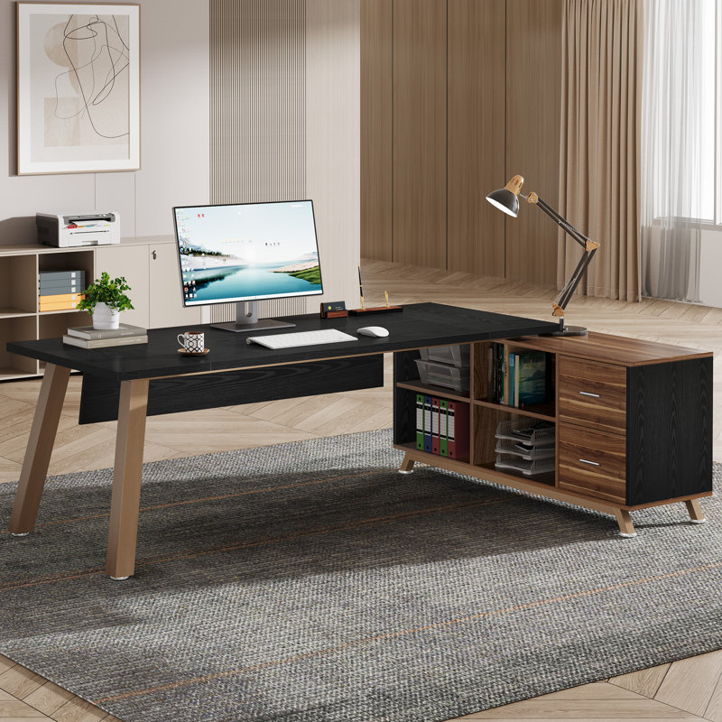 Bureau en L 71 po avec tiroirs et classeur, bureau de direction moderne, Noir / brun