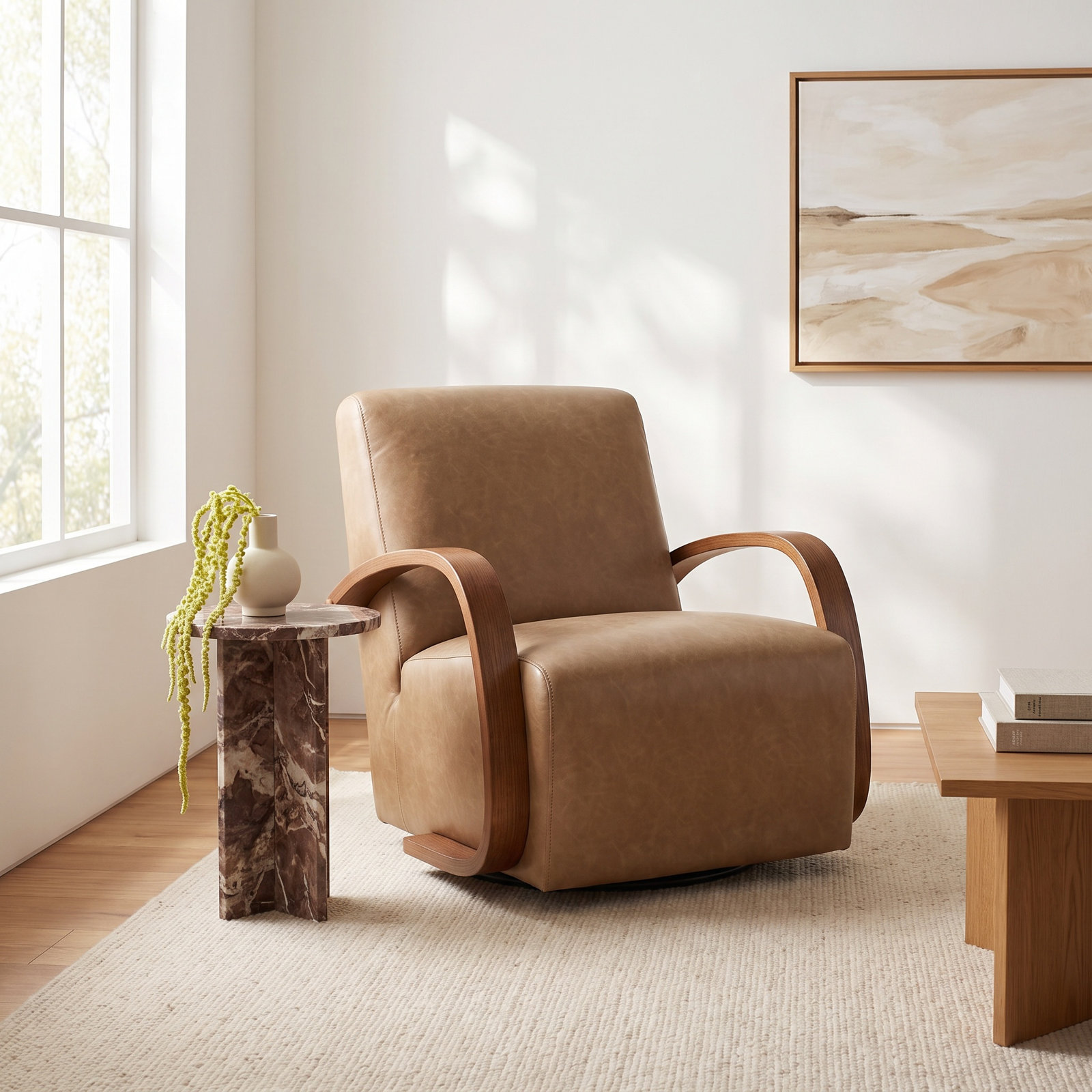 Oak Swivel Armchair, Cognac Pebbled Vegan Leather, Hearth Walnut