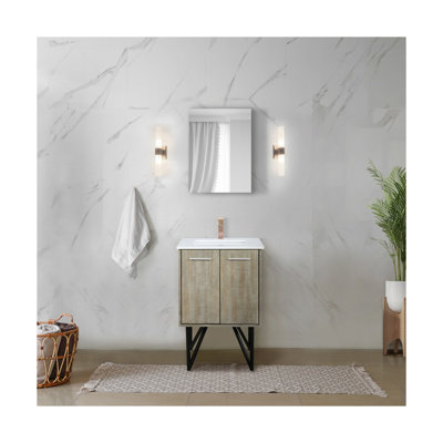 Ensemble de meuble-lavabo rustique en acacia l 24 po x P 20 po, comptoir en quartz blanc, robinet en or rose et miroir de 18 po