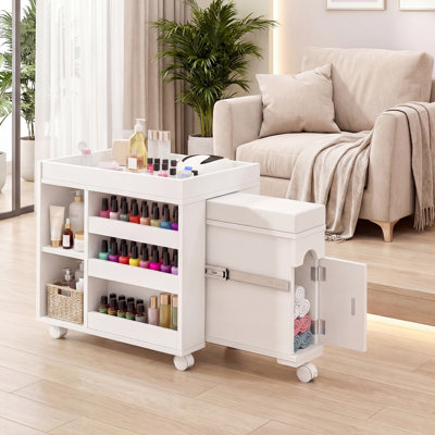 Repose-pieds de pédicure extensible avec coussin en polyuréthane, tabouret de bain de pieds mobile de 21,6 po avec roulettes verrouillables et rangement, chariot de pédicure peu encombrant pour salon, Nail Tech, spa