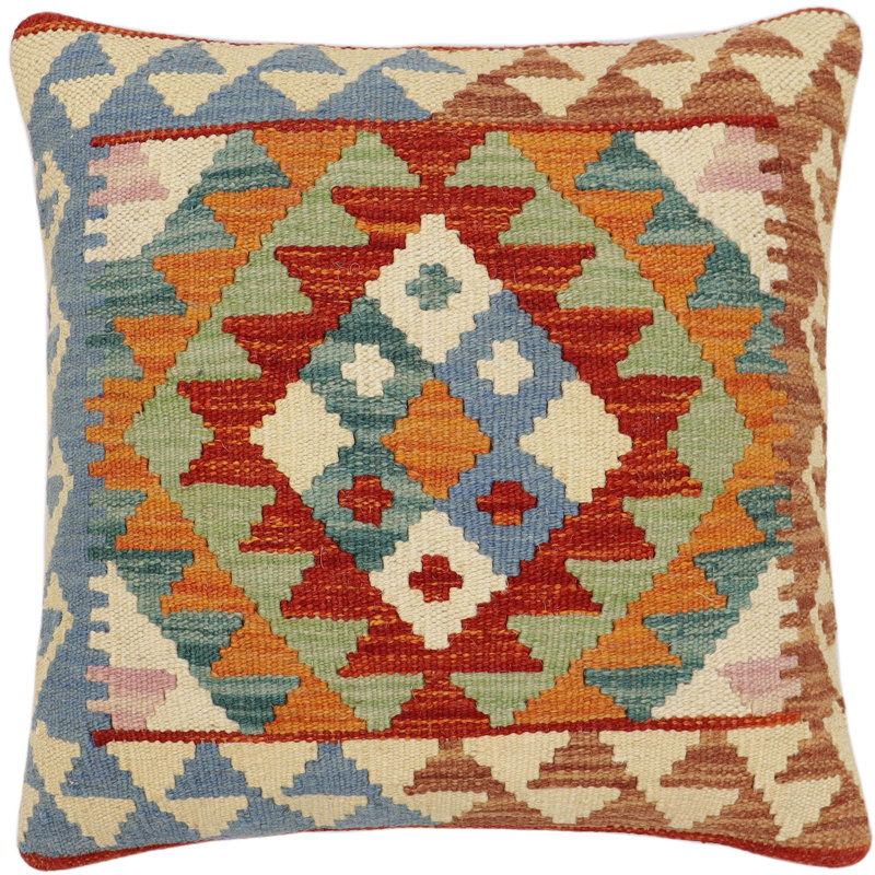 Coussin Kilim tissé à la main Tribal, Rouille / bleu / beige / vert