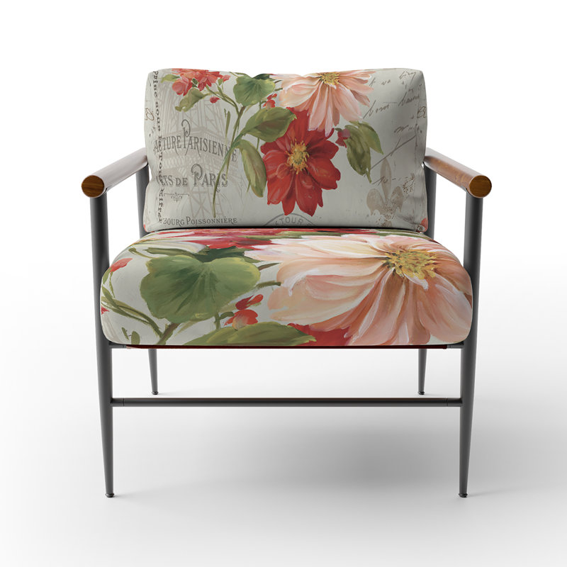 «Guerline - Fleurs peintes en rouge sur carte postale II - Fauteuil d'appoint rembourré de style campagnard