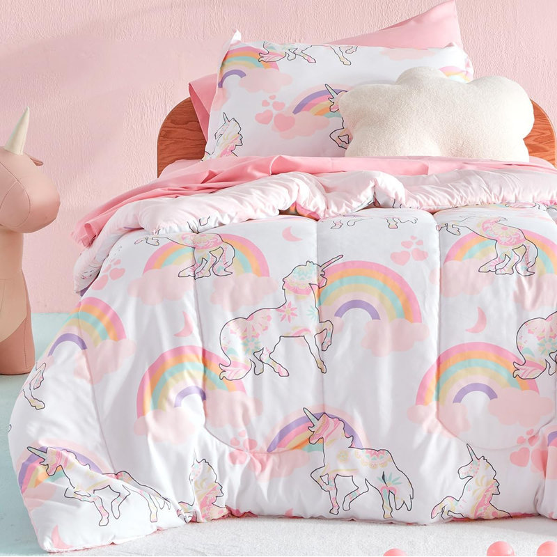 Ensemble de literie pour enfants Space Rocket, Double/Grand, Rose licorne rose / blanc / mauve