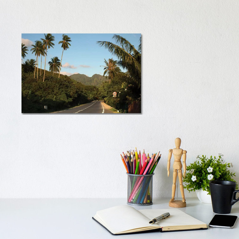 Road With Mountain Peak In The Background, Moorea, Tahiti, French Polynesia II - Wrapped Canvas Print