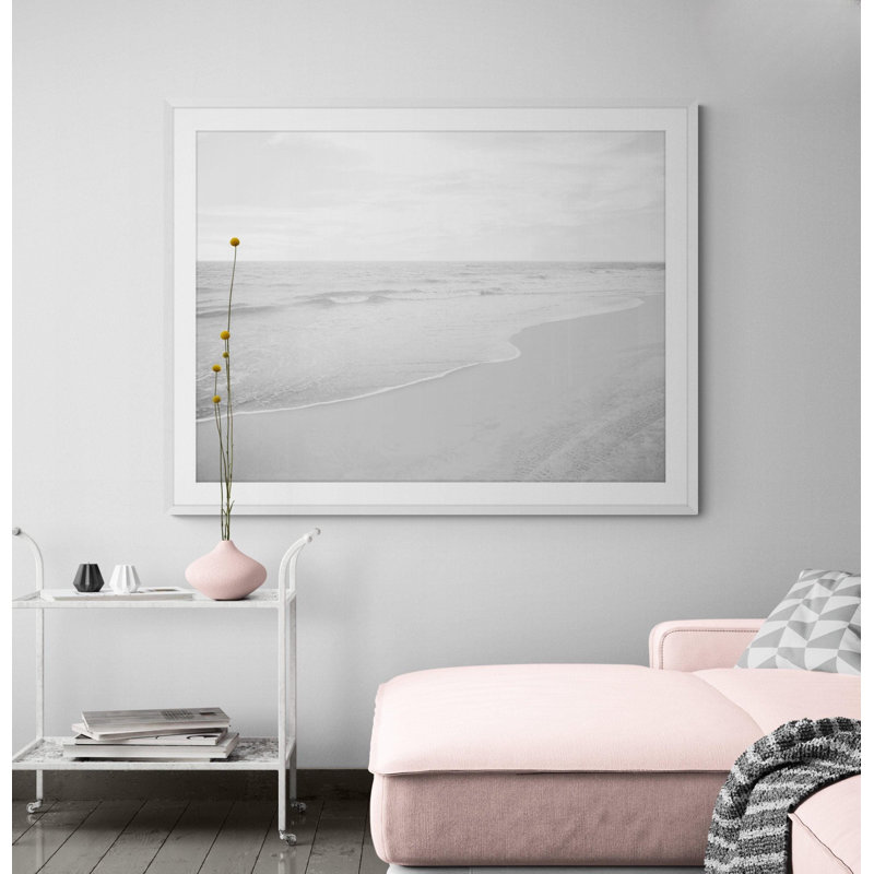 «Ocean Beach», reproduction d'art photographique surdimensionnée en noir et blanc, Cadre simple blanc avec cadre