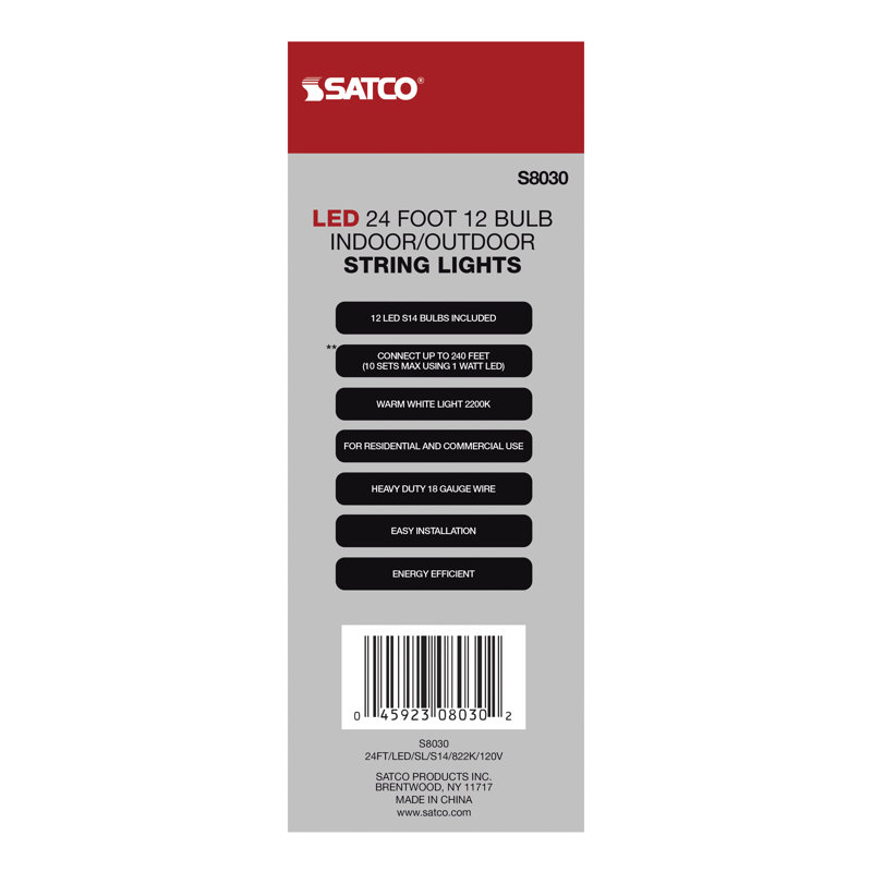 24Ft - LED String Light - Includes 12-S14 Bulbs - 2000K - 120 Volts