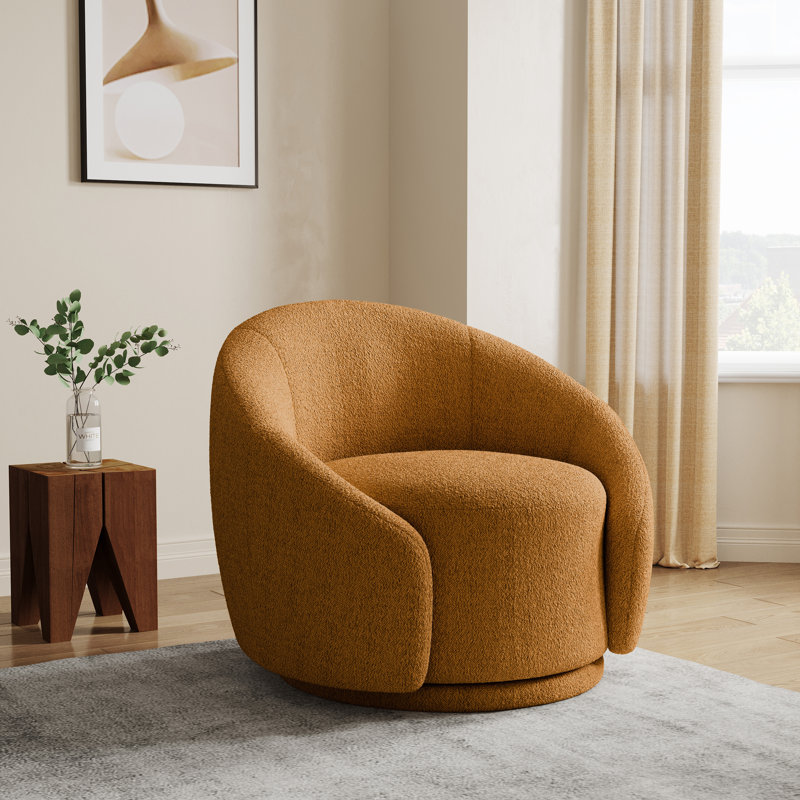 Fauteuil demi-tonneau pivotant rembourré Aunna, Teddy rouillé orange