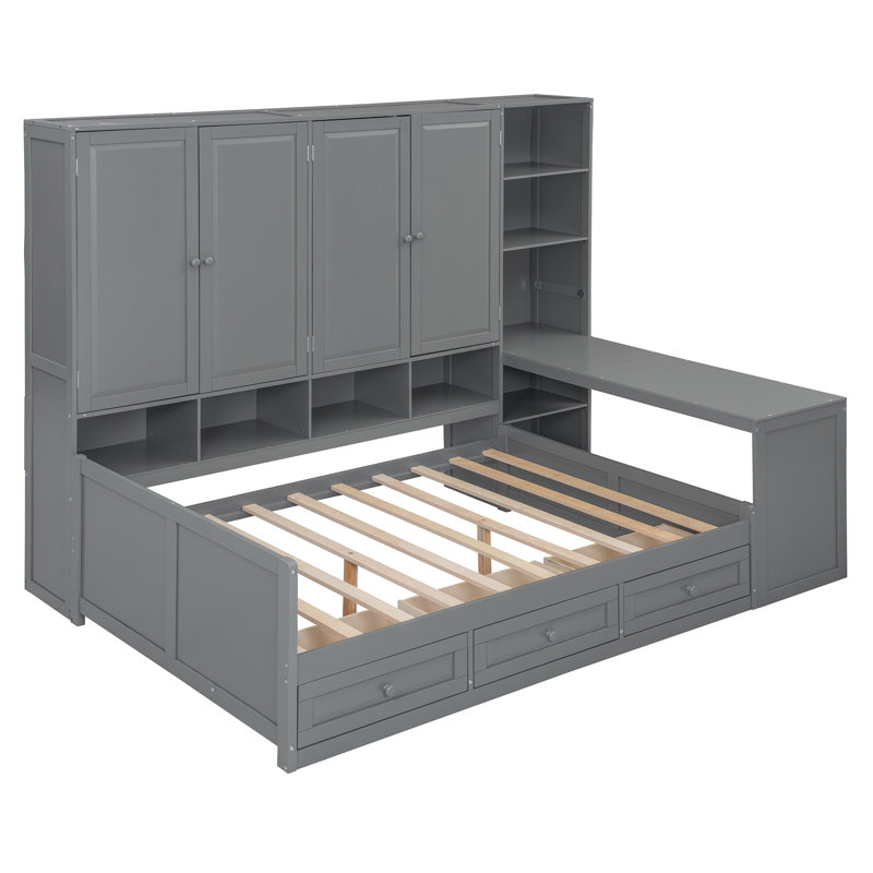 Full Size Wooden Daybed With Three Drawers, And All-In-One Cabinet, Desk And Shelves, Gray, Gray, Full/Double