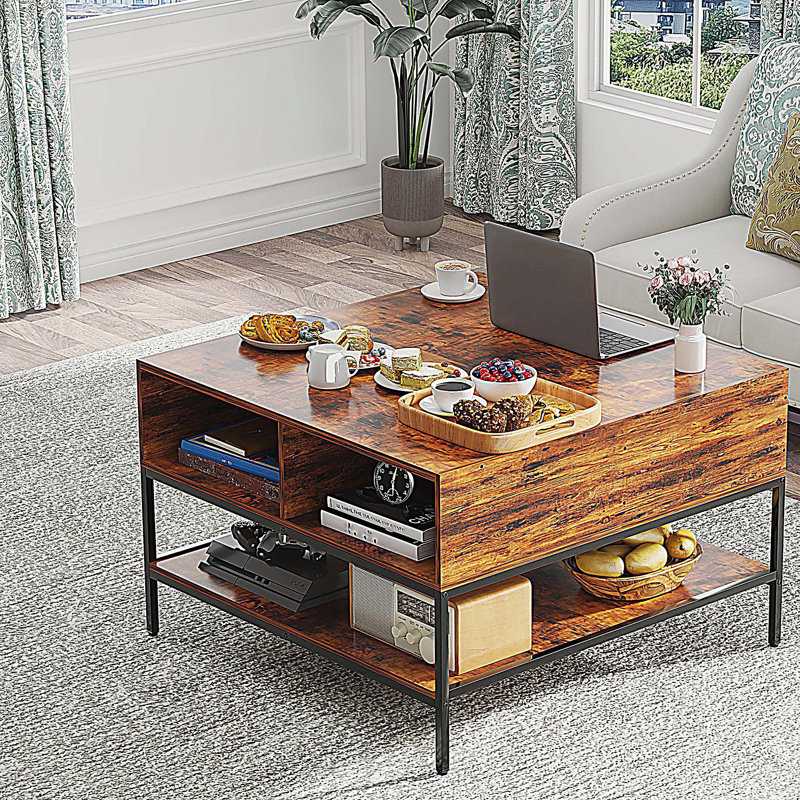 Table basse à couvercle rabattable Farmhouse avec compartiment de rangement caché et structure en métal robuste