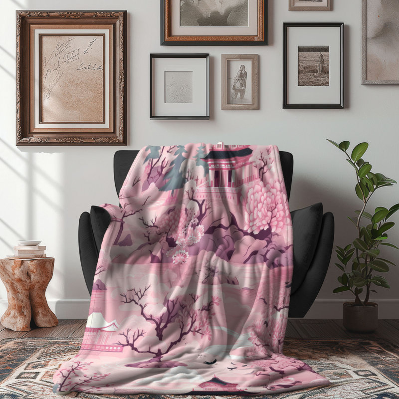 Jeté 1 pièce en sherpa de qualité supérieure Rosy Chinoiserie Reverie, Grand lit