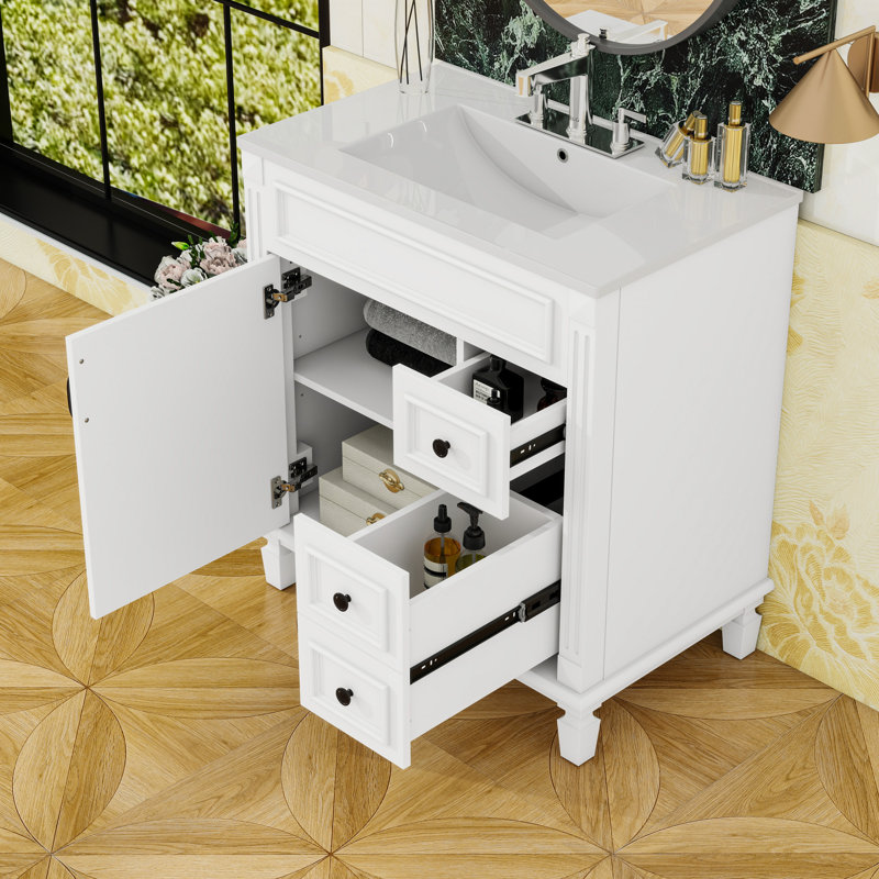 Meuble-lavabo avec lavabo en céramique, 2 tiroirs et tablette réglable, Blanc