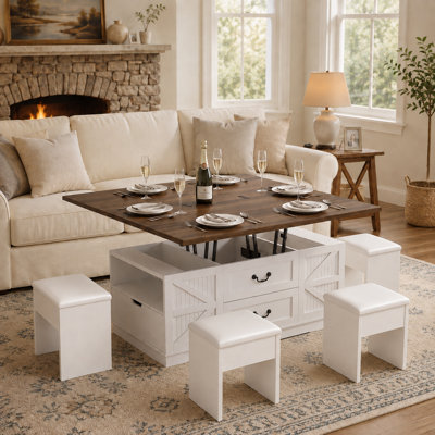 Ensemble de table basse relevable de style ferme avec 4 tabourets dissimulés, pour salon et salle à manger