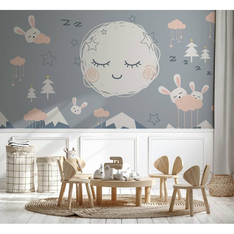Papier peint amovible montagnes, lapins, nuages, étoiles, arbres, lune endormie, L 114 po x L 204 po