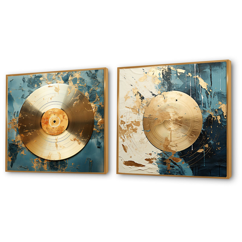 Disque vinyle doré et vert Melody I - Ensemble de 2 impressions sur toile, Encadrement doré, H 16 po x l 33 po x P 1 po