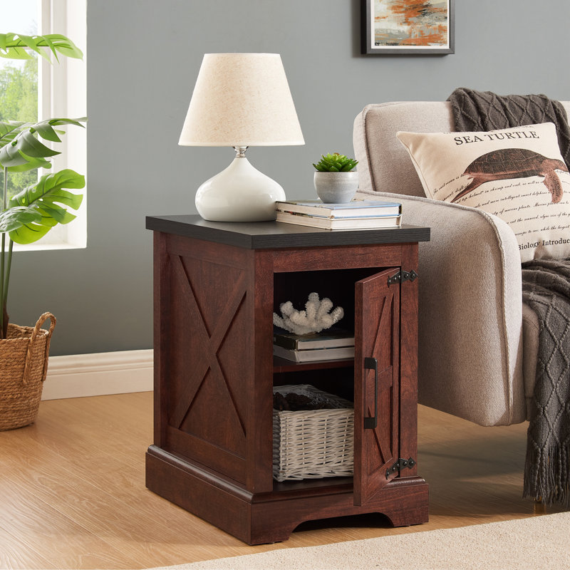 Farmhouse End Table Nightstand Rectangular Farmhouse End Table With Barn Door And Adjustable Storage Shelf, Rustic Sofa Side Table