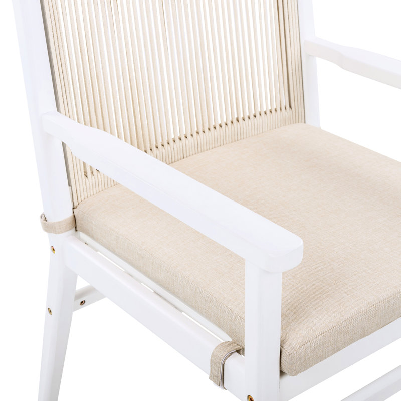 Chaises de salle à manger de patio pour 2 personnes, bois, dossier en corde, coussin imperméable, structure blanche, capacité de 400 lb, fixation du coussin lavable à la machine, ergonomique confortable convenant aux fauteuils de balcon, 2 pièces,