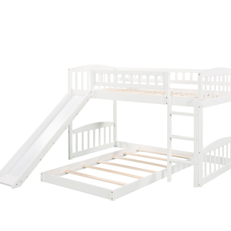 Twin Over Bunk Bed In White, Equipped With Slide And Reversible , Solid Pine Frame Material, Space - Saving For Bedrooms, Gray Style Decoration, 18 Support Slats White Built Side Installable