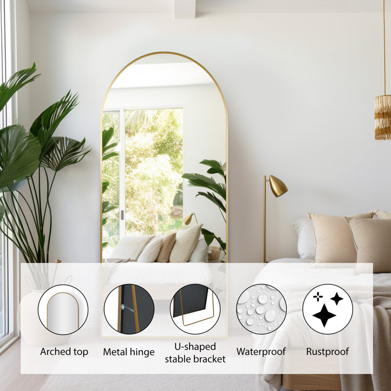 Arched Full-Length Mirror, Aluminum Alloy Frame, Tempered Glass Floor Mirror, 71" x 32", Brushed Brass