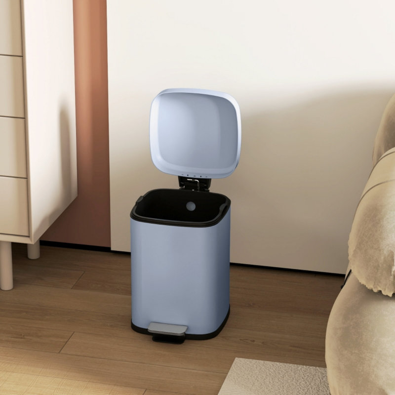 Light Blue 12L Boxy Metal Pedal Bin, Soft-Close Lid with Stay-Open Feature, Fingerprint-Proof Finish and Removable Inner Bucket for Small Kitchen Spaces