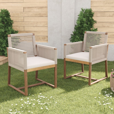 Ensemble de 2 chaises de salle à manger d'extérieur, fauteuil de patio en bois d'acacia avec dossier en corde et accoudoirs et coussin lavable