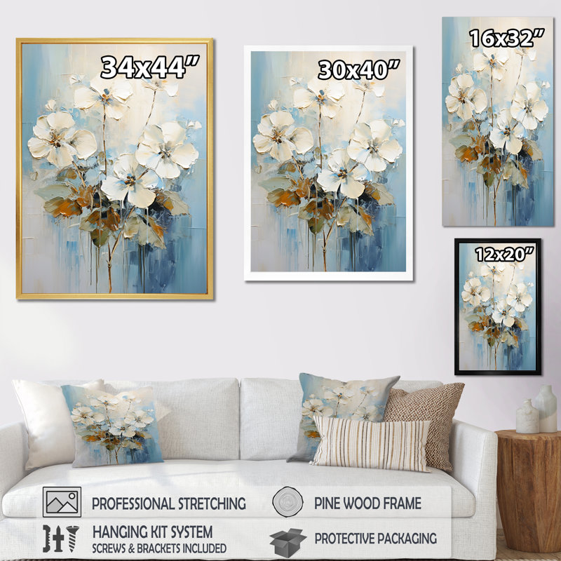 Minimalisme, géraniums bleus et blancs I sur toile, Cadre naturel flottant, H 40 po x l 30 po x P 1,5 po