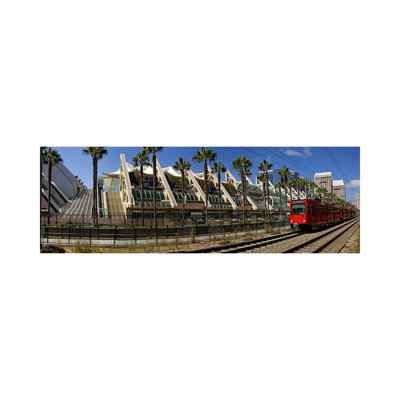 MTS Commuter Train Moving On Tracks, San Diego Convention Center - Wrapped Canvas Panoramic Print