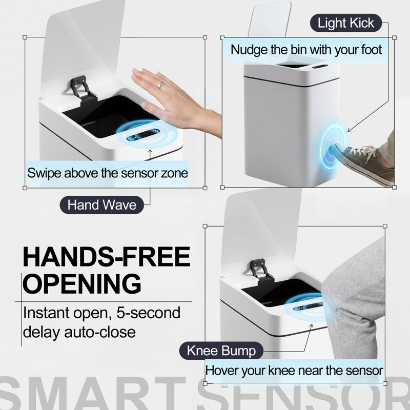 2.6 Gallon Plastic Motion Sensor Trash Can Set of 2, White