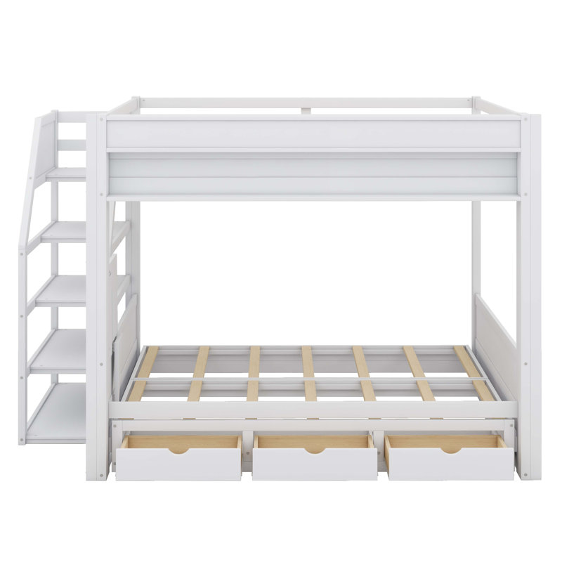 Lit superposé convertible double en bois avec escalier de rangement, table d'appoint et 3 tiroirs, Blanc