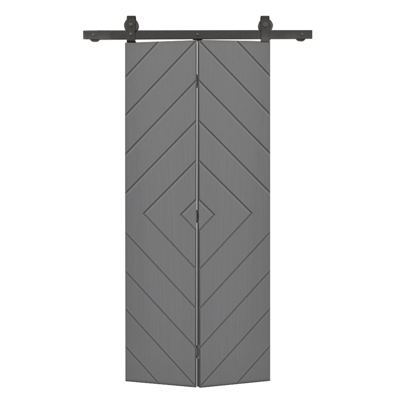 Porte de grange pliante moderne avec quincaillerie coulissante, 32 po x 84 po, Gris clair