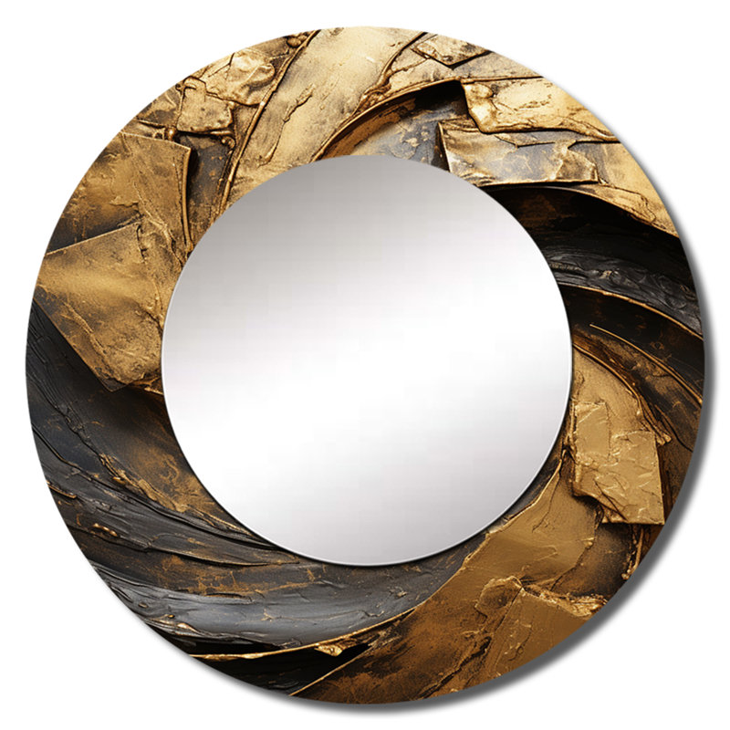 Gold Black Timeless Turn IV - Abstract Spirals Mirror, Modern Round Decorative Wall Mirror, Printed Metal Art, 29" x 29"