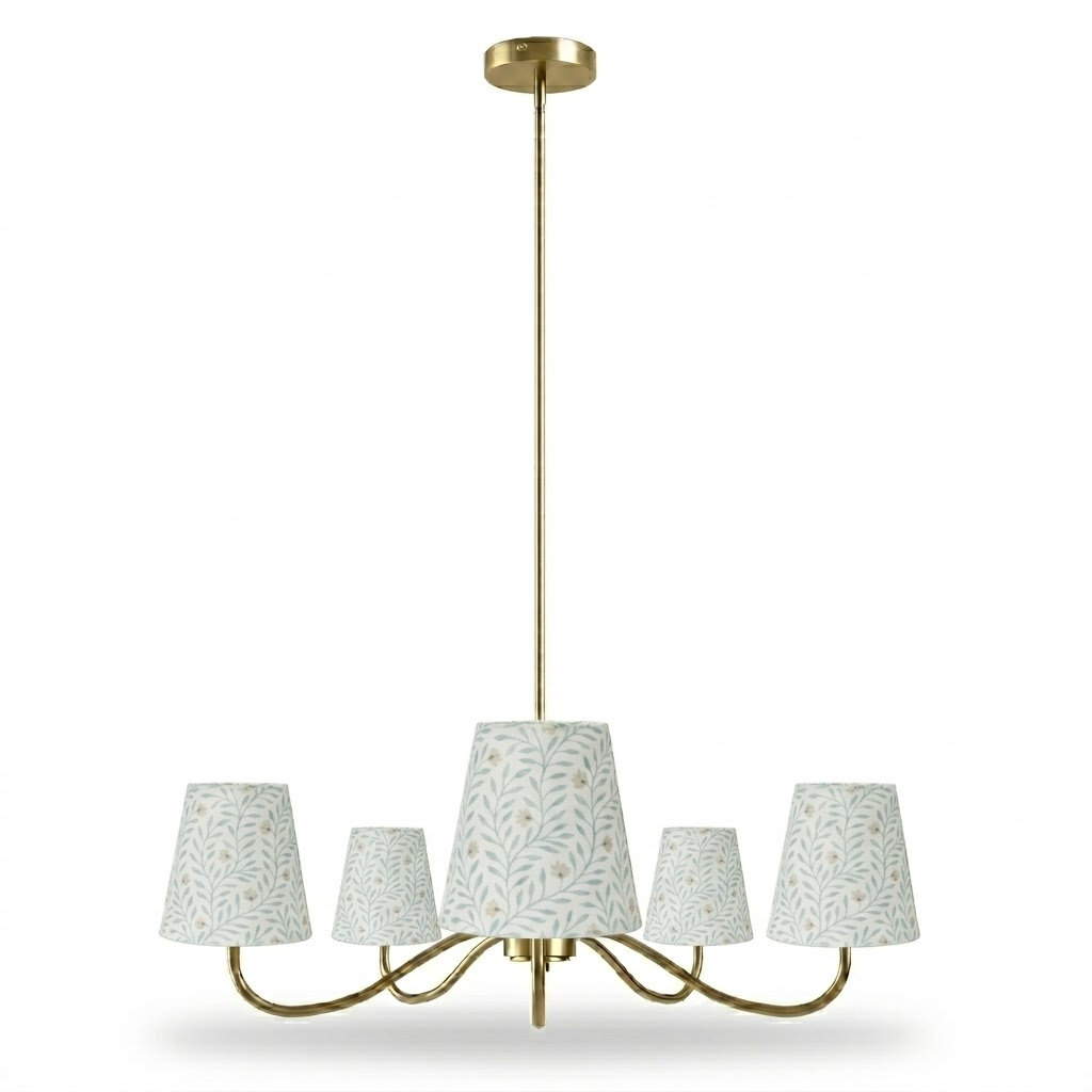 Wrought Iron 5-Light Chandelier, White Print, Polished Brass