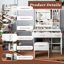 Table de maquillage avec miroir à DEL professionnel, prise de courant, 3 tiroirs, 7 tablettes et tabouret de rangement - blanc, comptoir extensible, rangement intelligent, éclairage réglable, design moderne