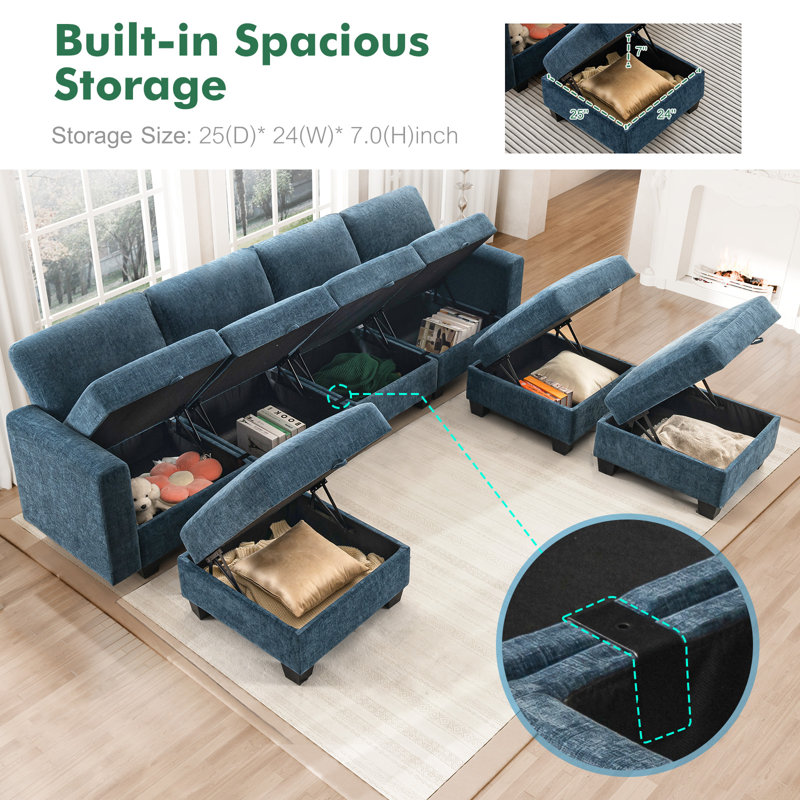 Canapé modulaire rembourré 6 pièces Ilyes, Chenille bleu