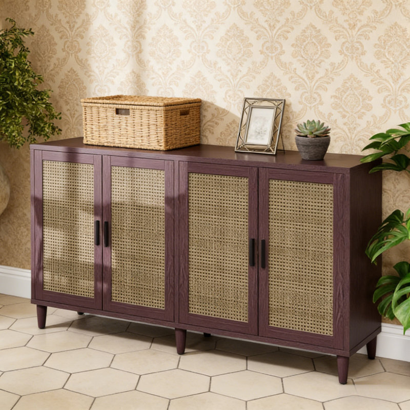 Buffet 4 portes en rotin, Brun