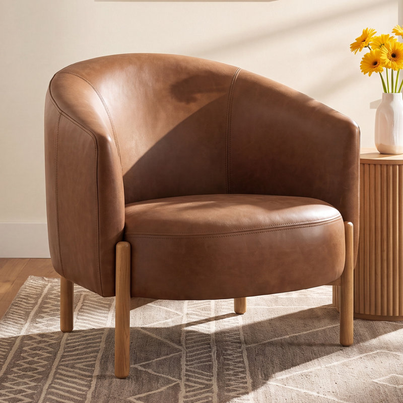 Beton Upholstered Barrel Chair, Palermo Cognac Genuine Leather