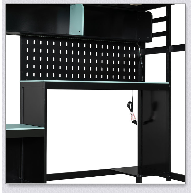 Wood Loft Bed With Desk, Shelves, LED Lights, USB Ports And Pegboard, Blue/Black