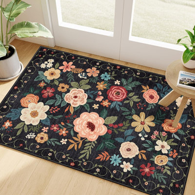 Rugs For Entryway - Black - Floral / Indoor, Washable, Non-Slip, Boho, Small, Soft Low Pile, Front Door Throw Rug For Kitchen, Bedroom, Laundry, Bathroom