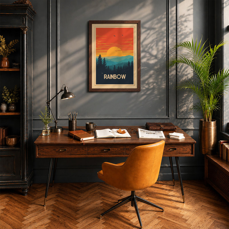 Mountains at Sunrise Retro - Framed Print, Walnut, A4 - 29.7 x 21.0 cm