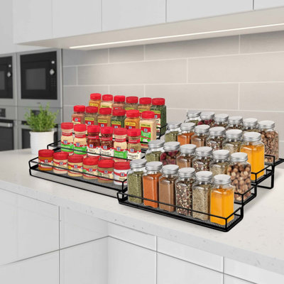 Expandable 4 Tier Spice Rack Organizer With Step Shelf And Protective Railing, Black Metal, 2 Pack