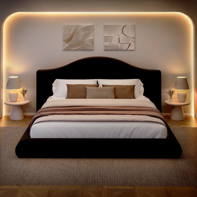 Cadre de lit Queen Cloud, cadre de lit plateforme moderne en chenille avec tête de lit incurvée à oreilles, coussins épais et moelleux, meuble de chambre bas, noir, sommier non inclus