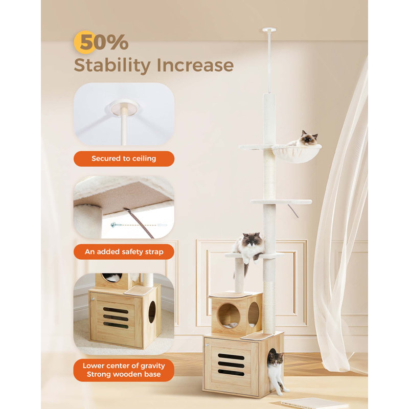 Arbre à chat à hauteur réglable 6 niveaux avec bac à litière, Beige