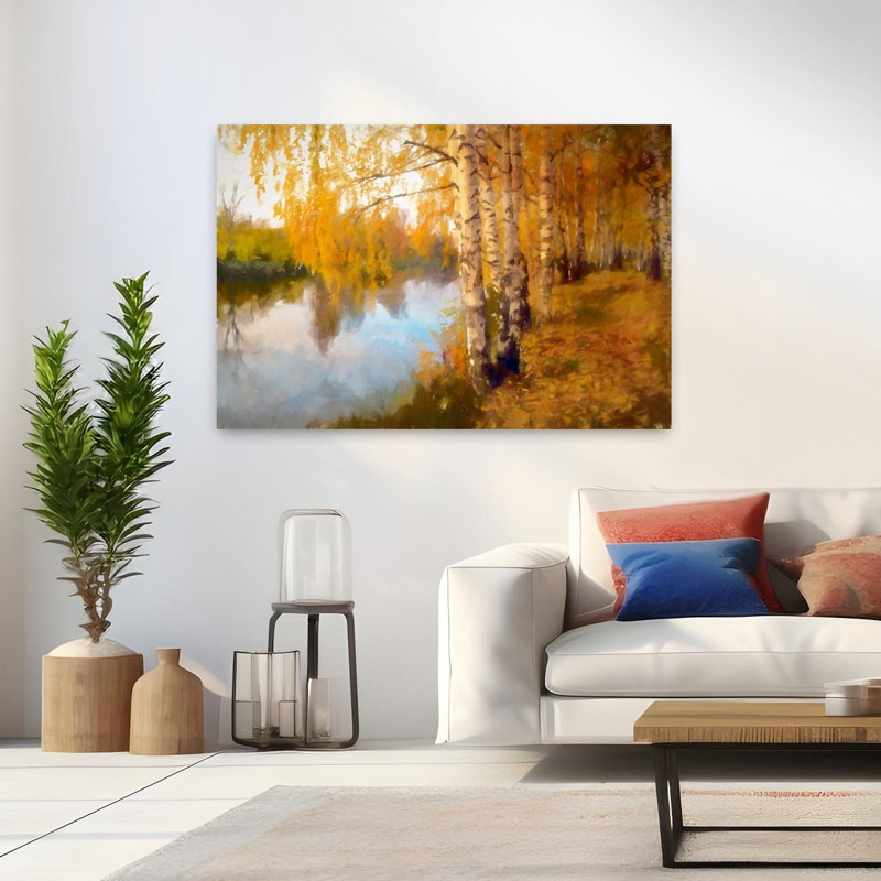 Automne, bouleau serein, tranquille, abstrait, art de paysage d'automne, H 32 po x l 48 po